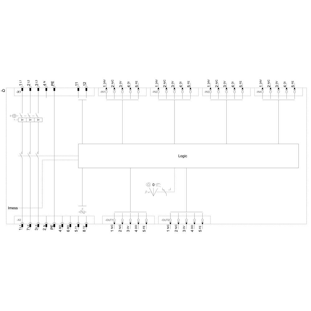 Schematyczny schemat obwodu z modułem logicznym pośrodku, otoczonym wejściami i wyjściami połączonymi ze sobą.