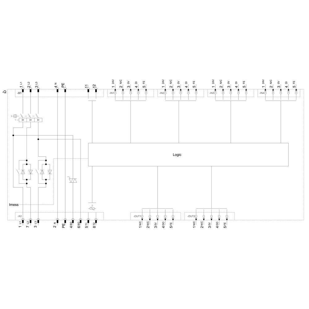 Schemat elektryczny układu elektronicznego z blokiem logicznym pośrodku, połączonym z wieloma wejściami i wyjściami.