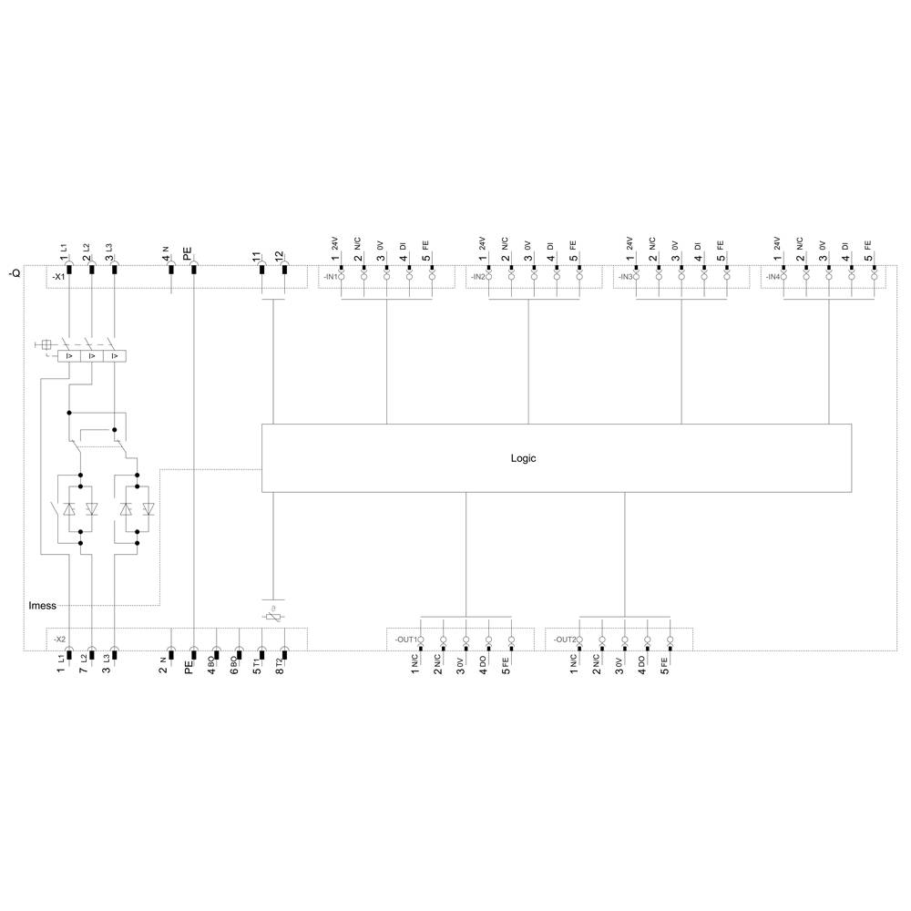 Schematyczny schemat elektrycznego obwodu logicznego z blokami logicznymi połączonymi różnymi wejściami i wyjściami.