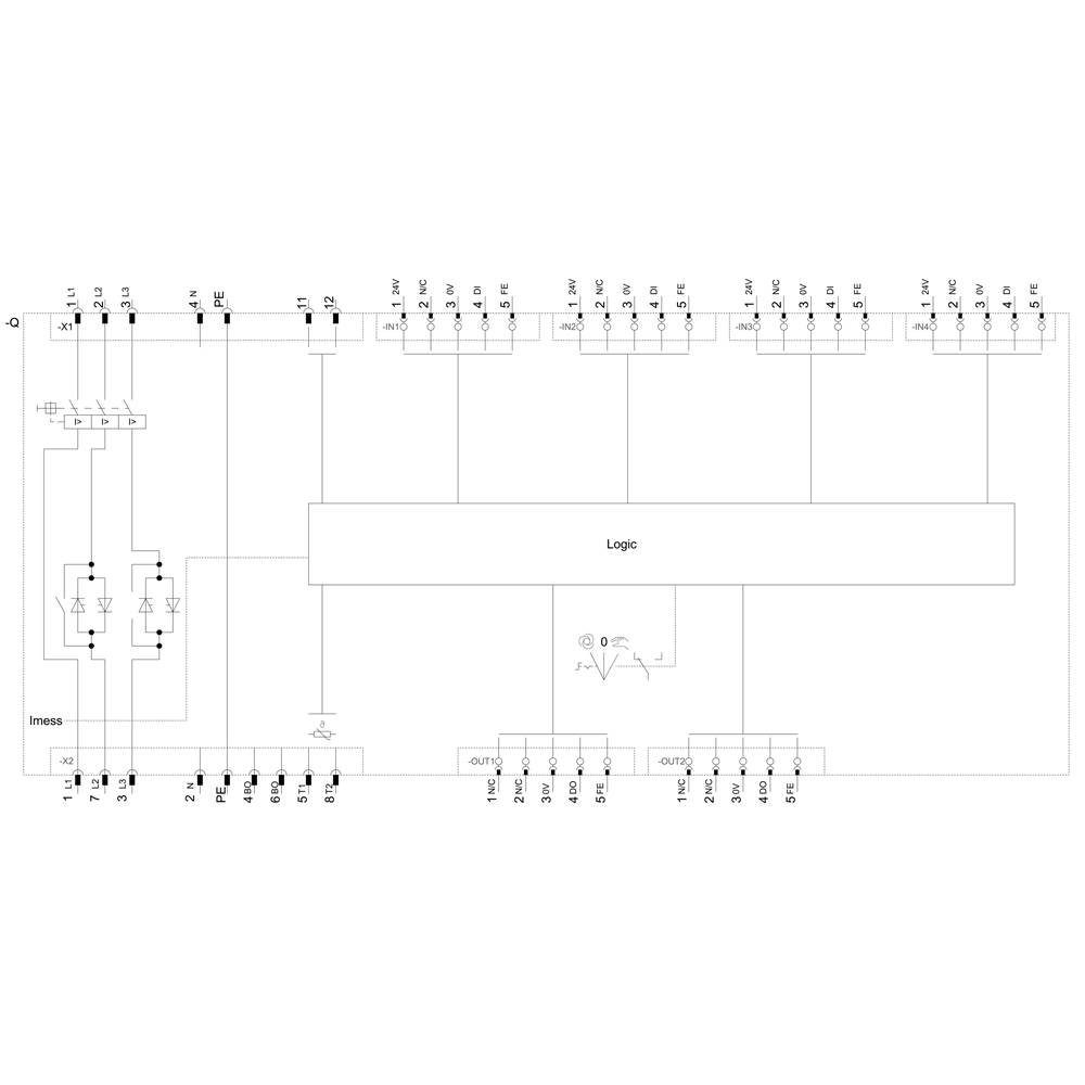 Schematyczny schemat połączeń elektronicznego urządzenia z elementami logicznymi, rezystorami i połączeniami przekaźnikowymi. Przedstawia ścieżki przepływu prądu.