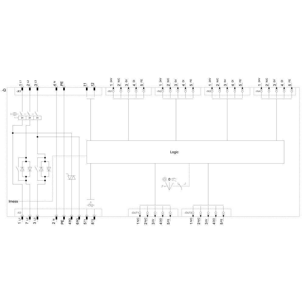 Schemat elektronicznego układu z blokiem logicznym, wieloma wejściami i wyjściami. Połączenia obrazują funkcjonalność obwodu.