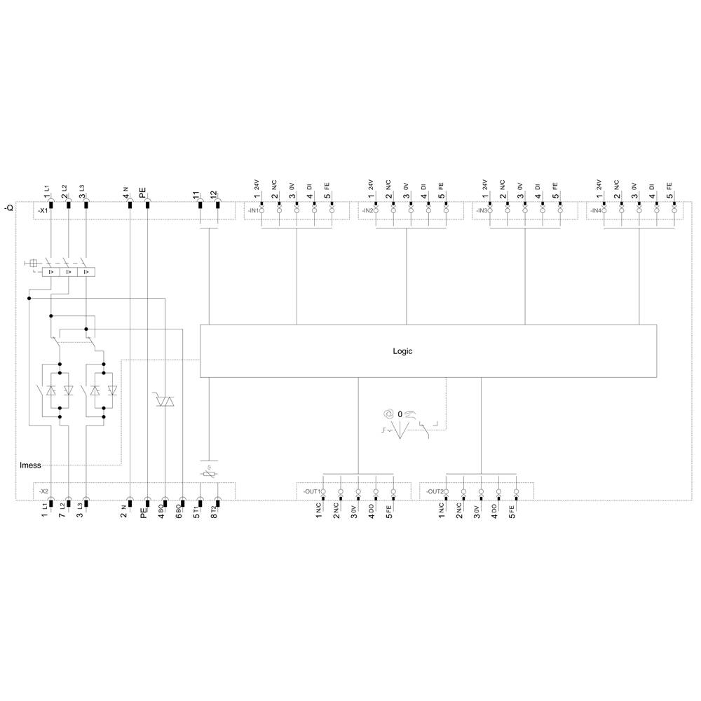 Elektryczny schemat połączeń przedstawia moduł logiczny połączony z wejściami i wyjściami. Zawiera rezystory i tranzystory. Przedstawiono główne zarysy i połączenia.