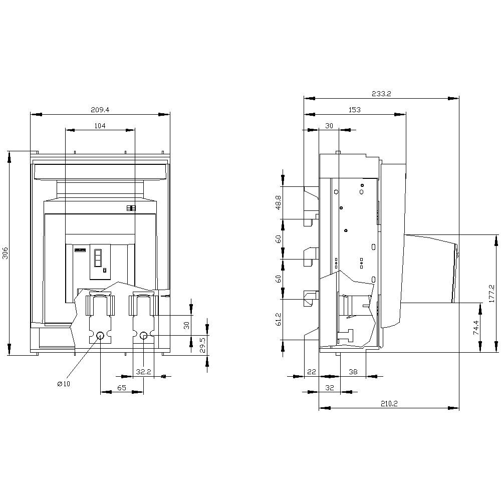 Rysunek techniczny urządzenia elektronicznego z widokiem z przodu i z boku. Zaznaczone wymiary i szczegółowe parametry.