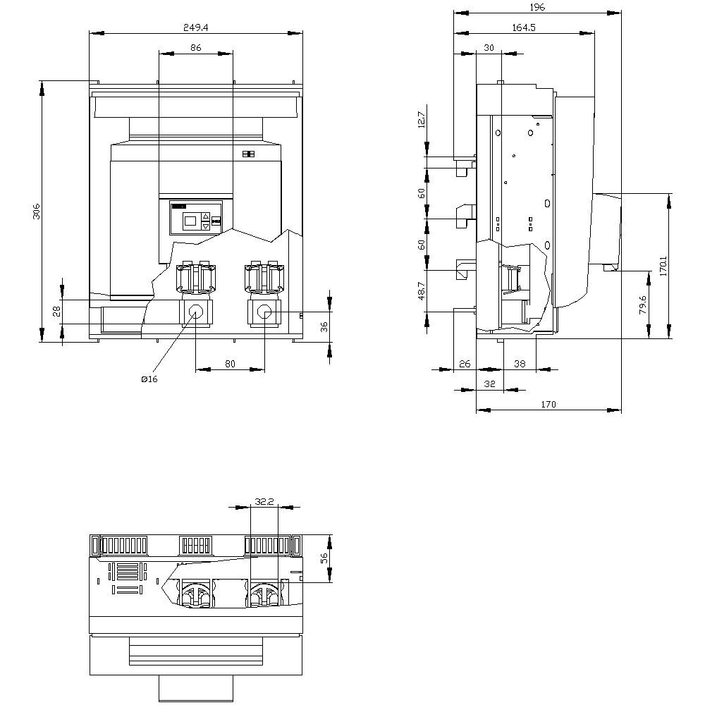 Rysunek techniczny elementu elektrycznego z widokiem z przodu, boku i z góry. Wymiary podane w milimetrach.