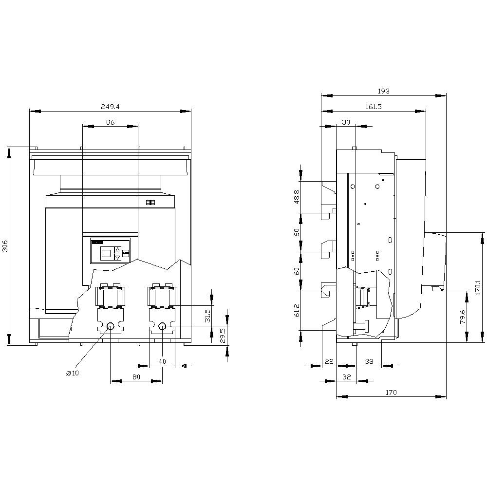 Rysunek techniczny przełącznika elektrycznego z widokiem czołowym i bocznym. Wymiary podane w milimetrach.