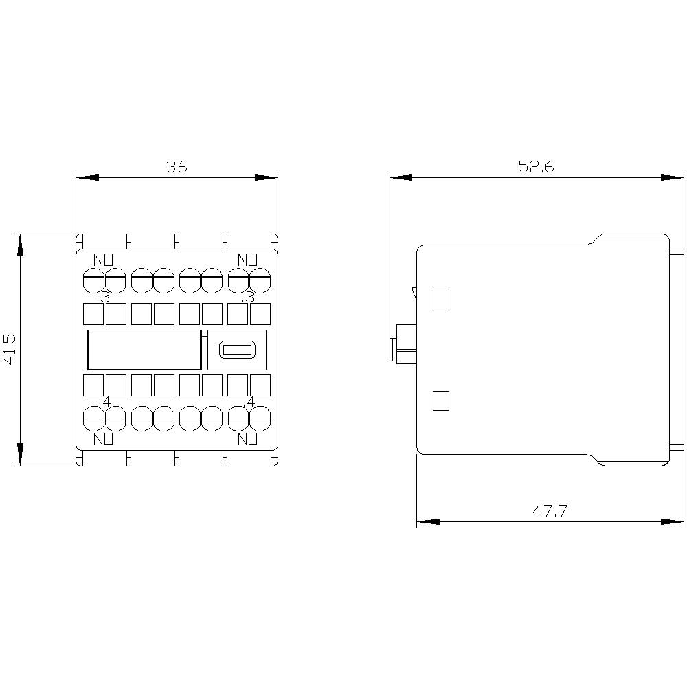 Rysunek techniczny elektromagnetycznego przekaźnika, przedstawiający widok z przodu i z boku z precyzyjnymi wymiarami w milimetrach.