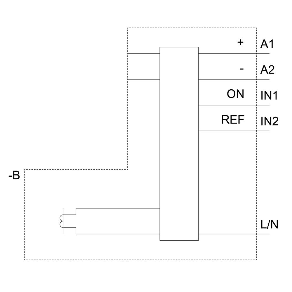 Schemat połączeń elektrycznych urządzenia z zaciskami: '+', 'A1', 'A2', 'ON', 'REF', 'IN1', 'IN2' oraz 'L/N'.