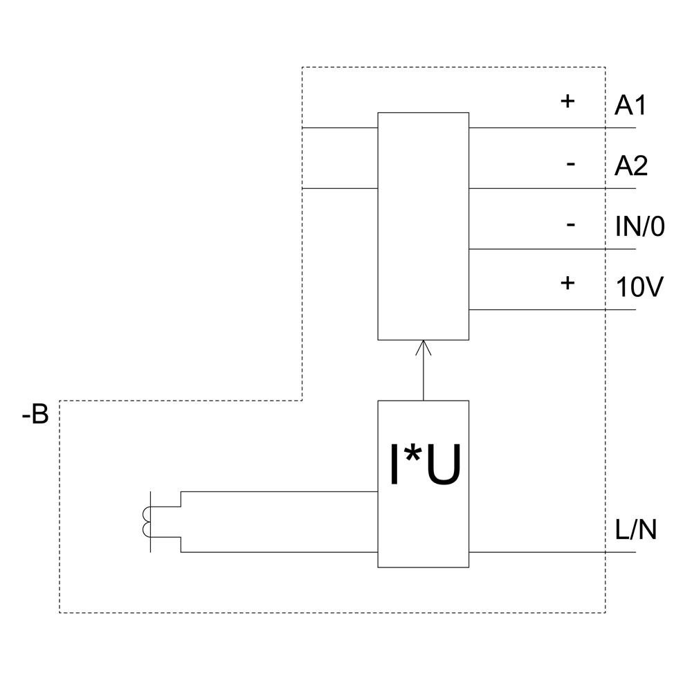 Schemat elektryczny: Urządzenie pomiarowe napięcia i prądu, łączące A1, A2, IN/0 oraz 10V w górnym bloku, L/N w dolnym obwodzie.