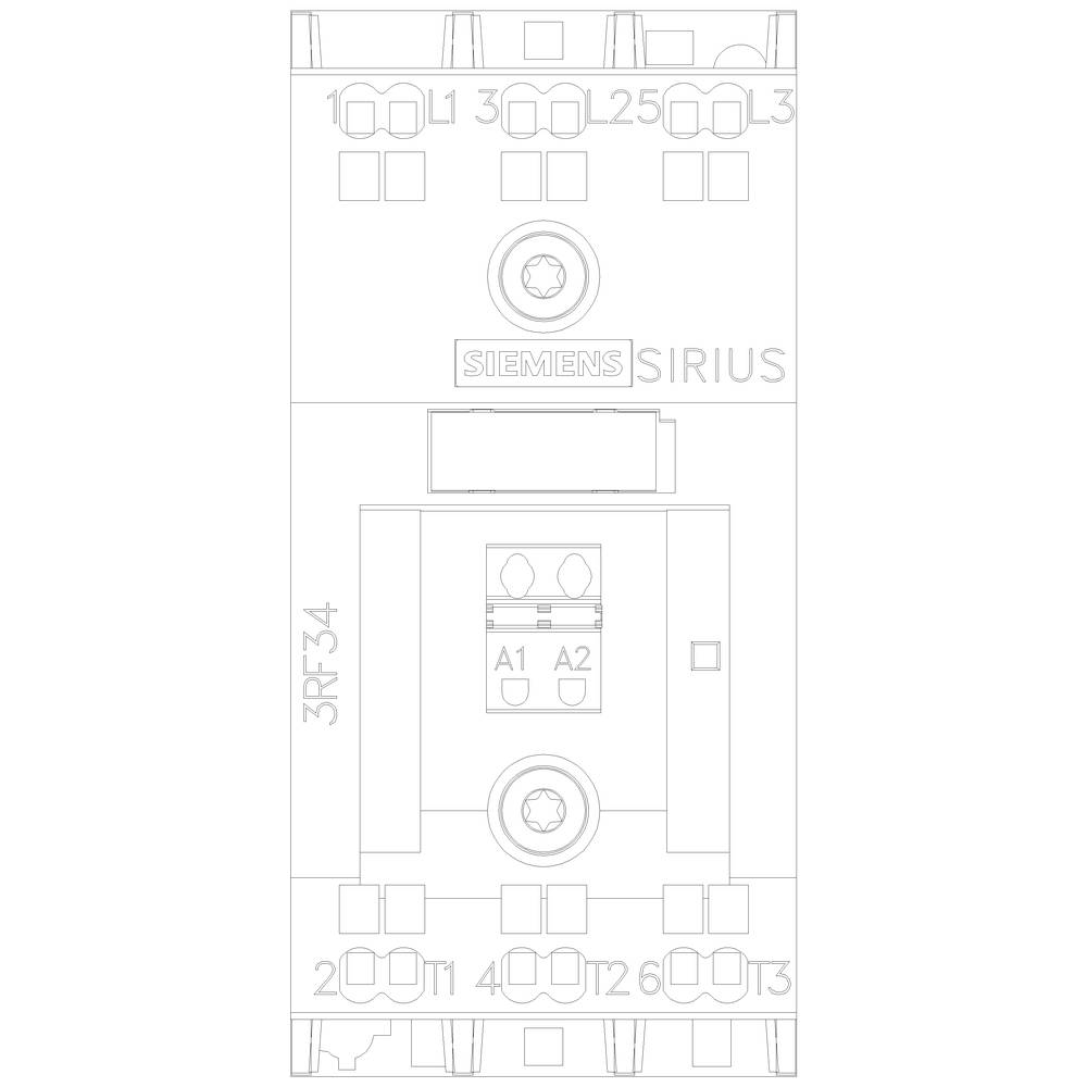 'Schemat Siemens Sirius stycznika z zaciskami L1, L2, L3 oraz stykami 1, 2, 3, 4, a także zaciskami sterującymi A1, A2.'