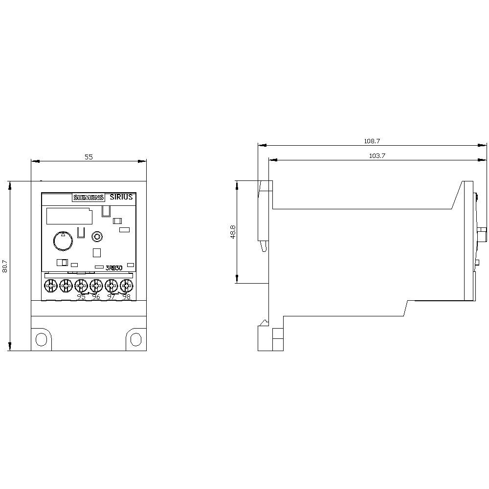 Rysunek przedstawia dokumentację techniczną urządzenia łączeniowego Siemens SIRIUS z widokiem z przodu i z boku. Wymiary: 55x62,7 mm (widok frontowy), 108,7x49,8 mm (widok boczny).