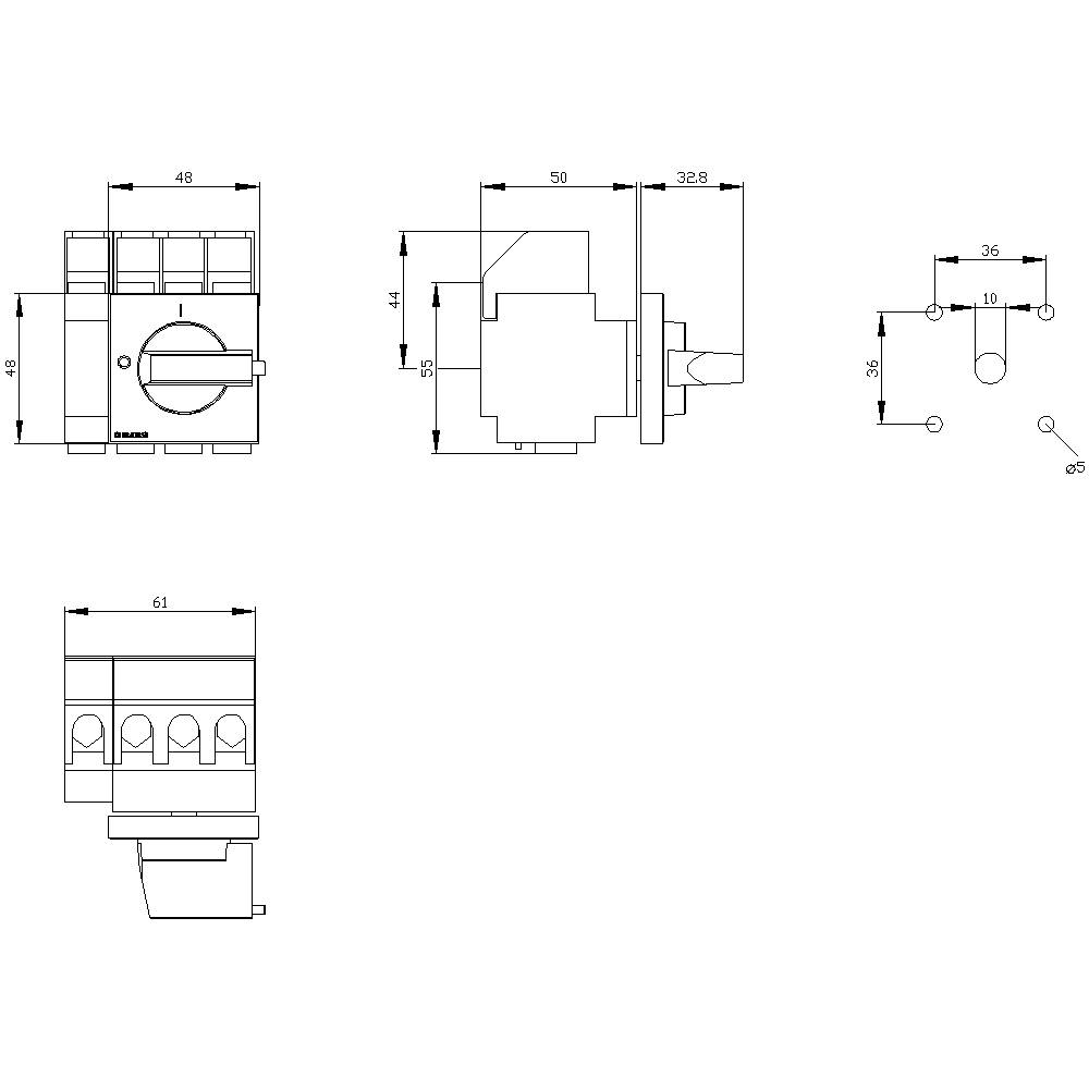 Rysunek techniczny przełącznika z widokiem z boku, przedstawiający wymiary, rozmiar otworów na śruby oraz pozycję przełączania.