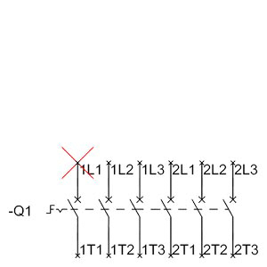 Symbol przełącznika elektrycznego z zaznaczonym błędem w L1. Pokazuje połączenia z trzema fazami (L1, L2, L3) oraz ich przełączniki.