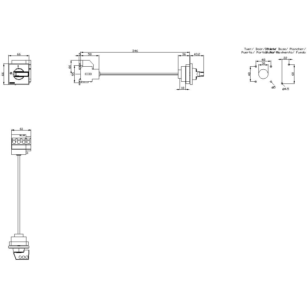 Rysunek techniczny cylindrycznego elementu z wymiarami i złączem wtykowym. Na górze przedstawiono widoki boczne i czołowe.