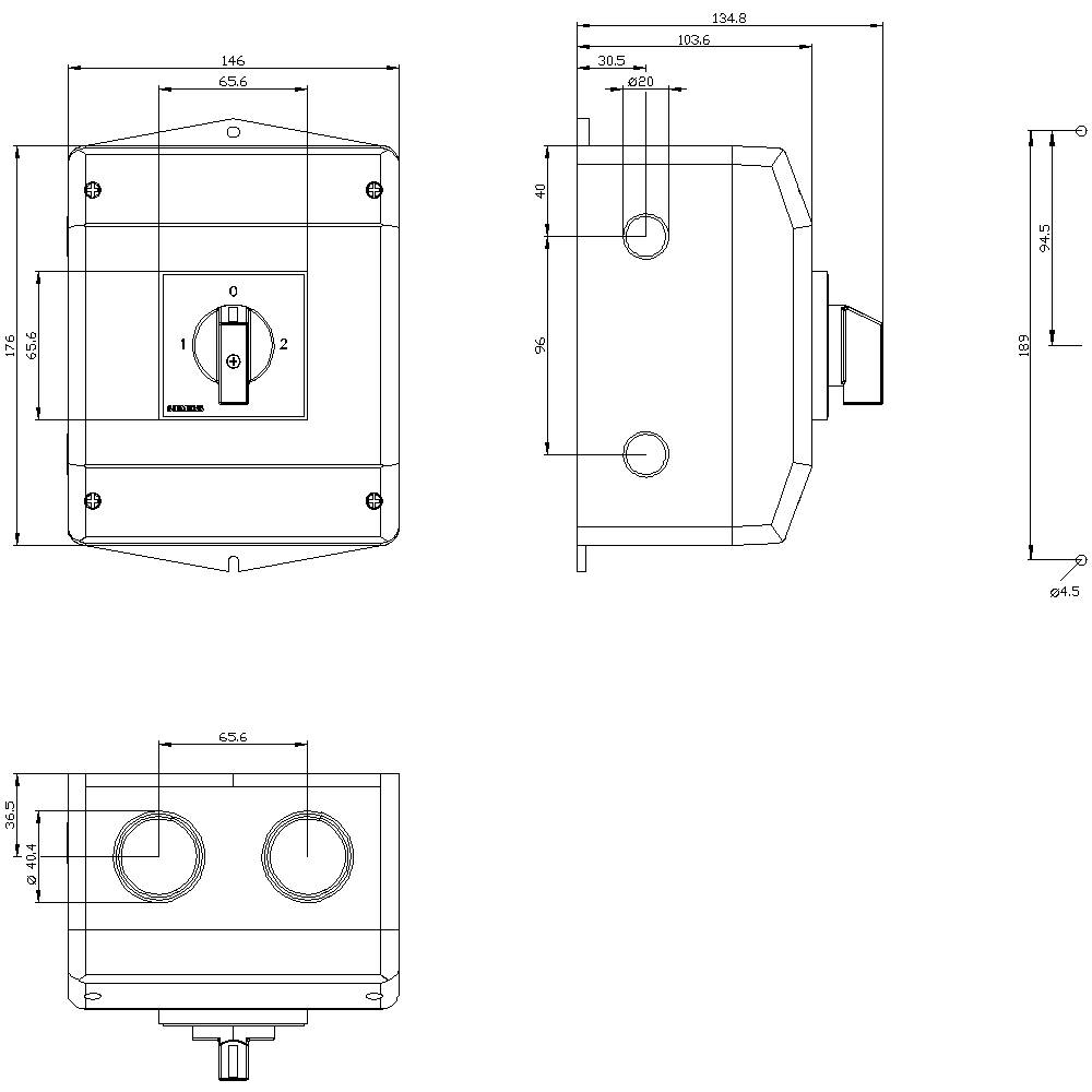Rysunek techniczny prostokątnej obudowy z przełącznikiem i dwoma otworami, widoki z boku oraz wymiarowanie w milimetrach.