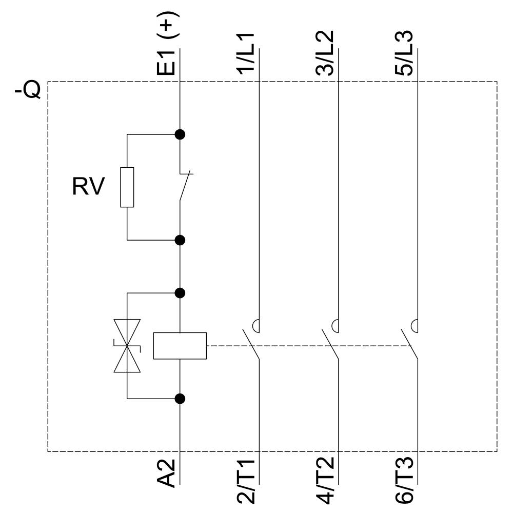 'Elektryczny schemat połączeń z rezystorem (RV), diodą i zaciskami E1(+), A2, 1/L1, 2/T1, 3/L2, 4/T2, 5/L3, 6/T3.'