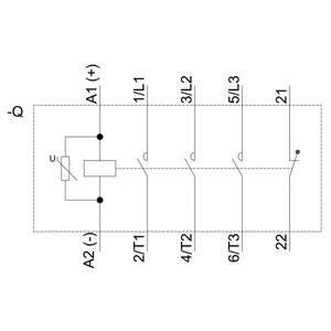 Elektryczny schemat połączeń styku z cewką na A1 i A2, stykami L1, L2, L3, T1, T2, T3 oraz stykami pomocniczymi 21 i 22.