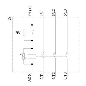 Schemat elektryczny przekaźnika z podłączeniem cewki RV, oznaczonymi zaciskami E1(+), A2(-), U oraz trzema potencjalnymi złączami przewodów.