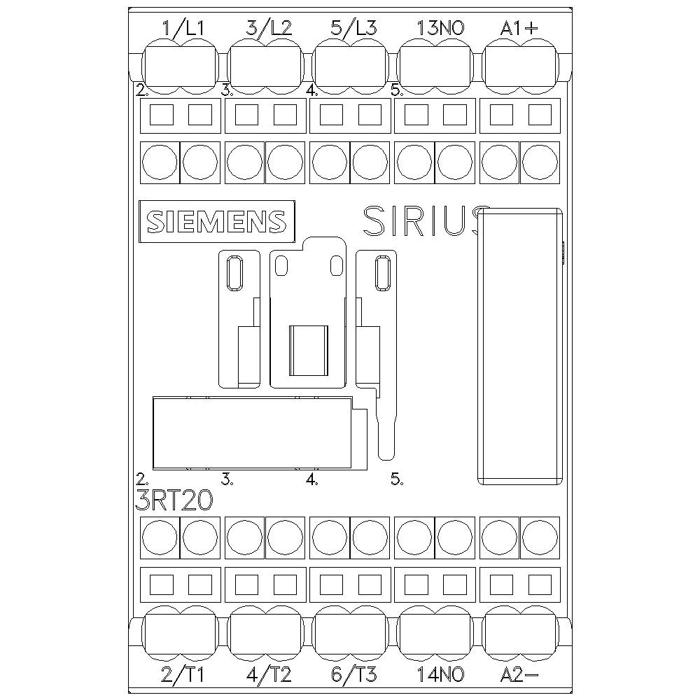 Urządzenie łączeniowe Siemens SIRIUS, typ 3RT20, z zaciskami dla L1, L2, L3, 13NO, A1+, T1, T2, NO, A2. Widok schematu połączeń.