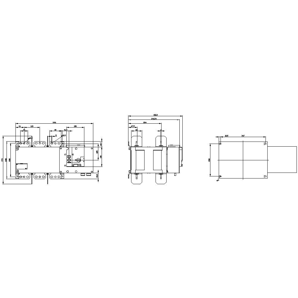 Rysunek techniczny elektrycznego przełącznika z wymiarami, przyłączami i szczegółami styków, widok z góry i z boku.