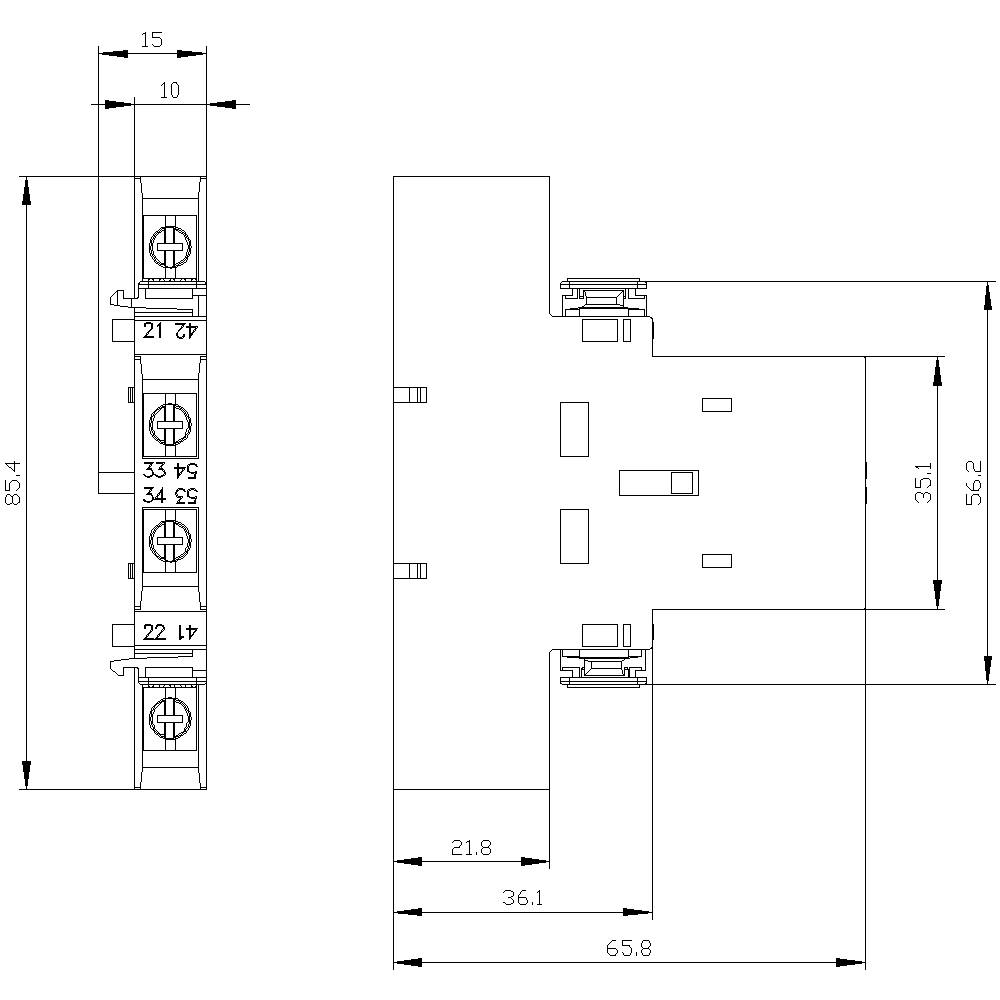 Rysunek techniczny złącza elektrycznego ze szczegółowymi wymiarami. Po lewej stronie widok z boku, po prawej widok z przodu.