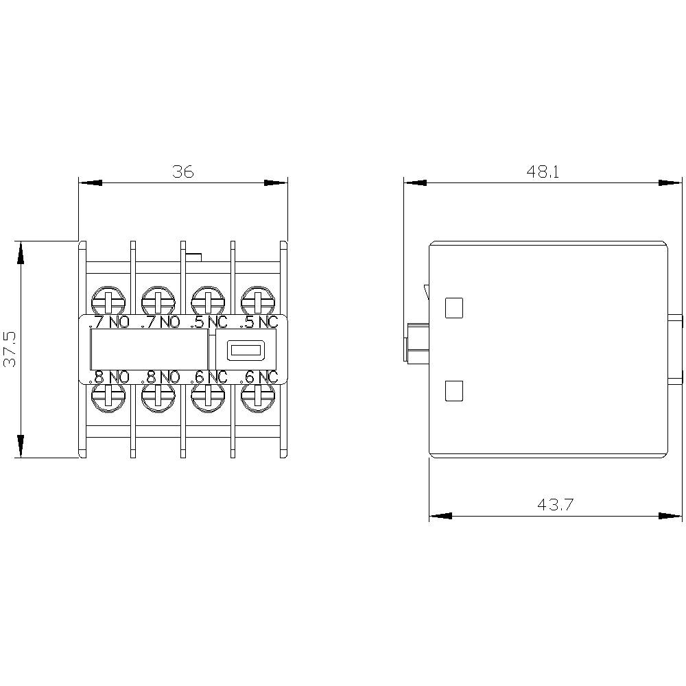Rysunek techniczny prostokątnego przekaźnika elektrycznego z wymiarami: szerokość 36 mm, głębokość 48,1 mm, wysokość 37,5 mm. Wskazanie zacisków przyłączeniowych 'NO', 'NC'.
