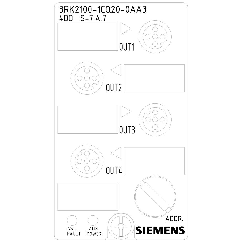 Oznaczenie modułu Siemens z czterema wyjściami OUT1 do OUT4 oraz informacjami o 'AWARII AS-i', 'ZASILANIU POMOCNICZYM' i 'ADRESIE'