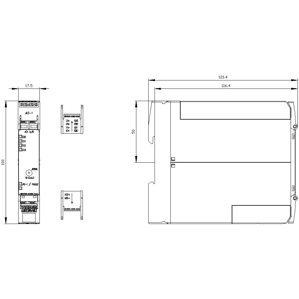 Rysunek techniczny urządzenia elektronicznego z wymiarami w milimetrach; przedstawia widok z przodu, z boku oraz z góry.