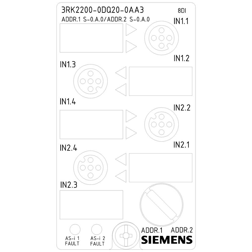 'Etykieta oznaczeniowa dla Siemens 3RK2200-0DQ20-0AA3. Zawiera wskaźniki wejść adresowych IN1.1 do IN2.2, ustawień ADDR.1 i ADDR.2 oraz wskaźniki usterek.'