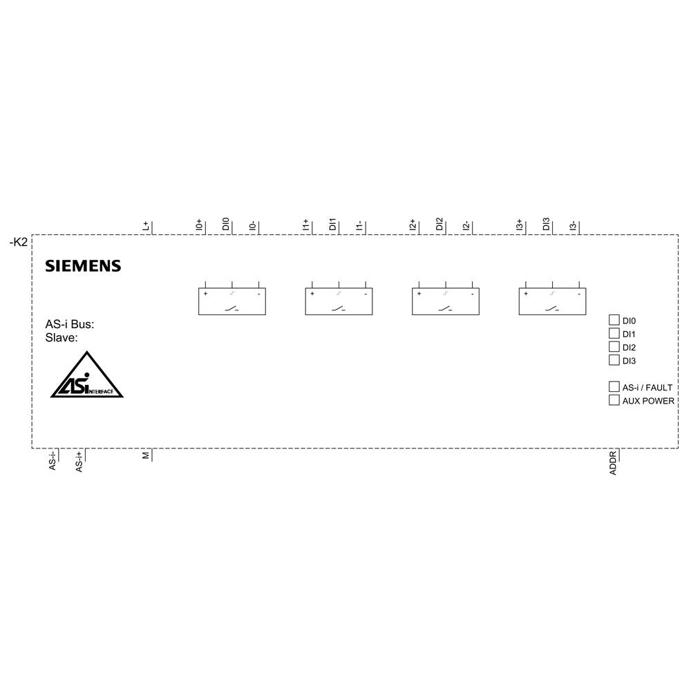 Moduł interfejsu AS firmy SIEMENS z czterema portami, diodami LED do wskazywania statusu D0, D1, D2, D3, USTERKI AS-i, ZASILANIA POMOCNICZEGO oraz informacjami dotyczącymi podłączenia przewodów.