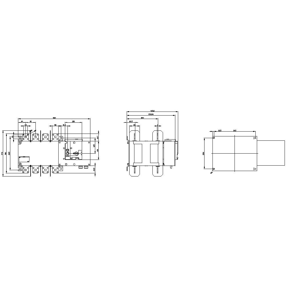 Rysunek techniczny elementu elektronicznego z widokiem z przodu, z boku i z góry. Podane są szczegółowe wymiary oraz punkty przyłączeniowe.