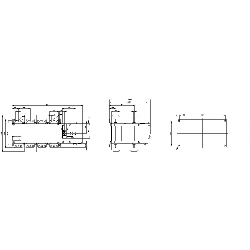 Rysunek techniczny prostokątnego elementu z wieloma rzutami; przedstawia widok z boku, widok z góry oraz widok z przodu z dokładnymi wymiarami.