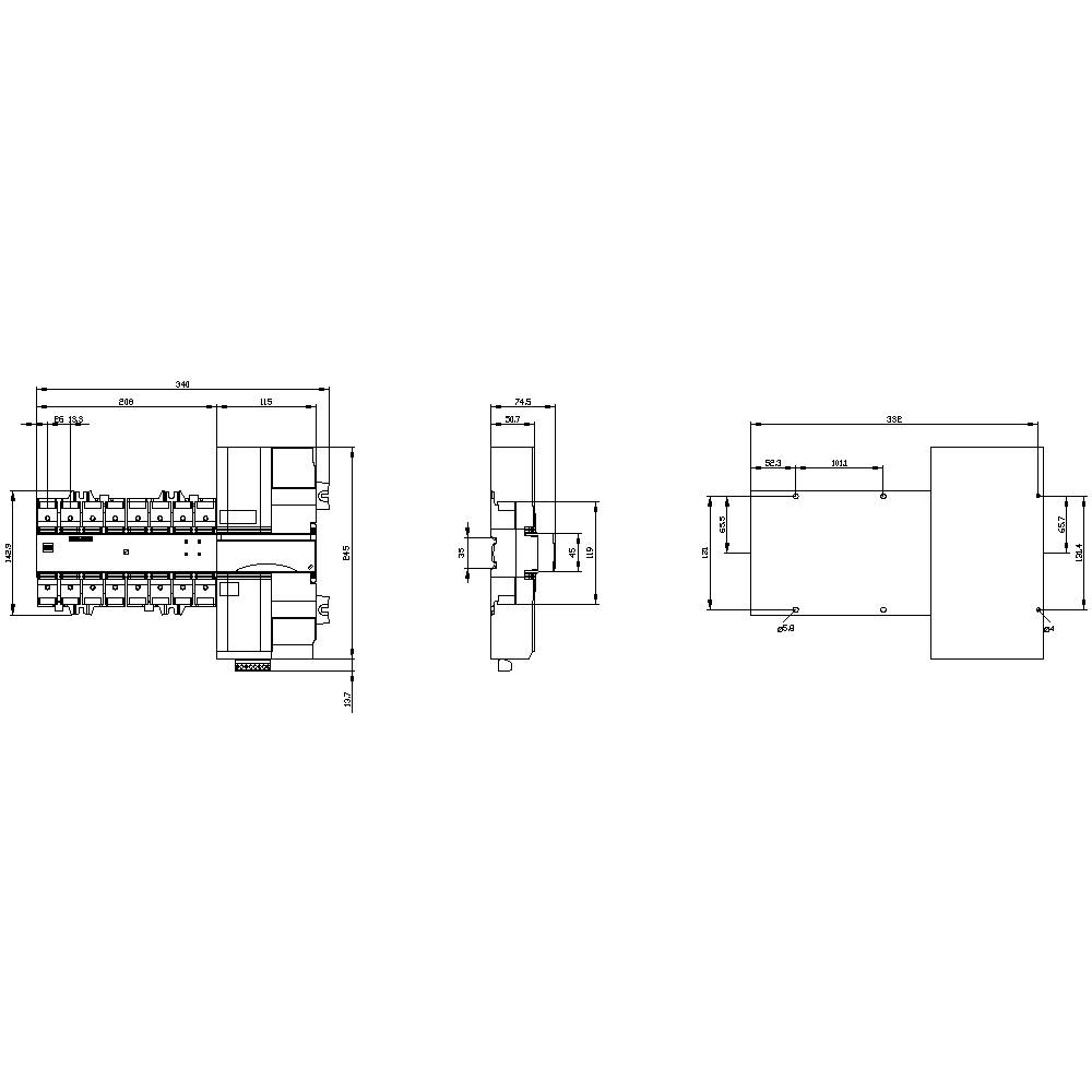 Plan architektoniczny wielorodzinnego budynku mieszkalnego z widokami z przodu, z boku i z góry; zawiera dokładne wymiary i szczegóły w skali.