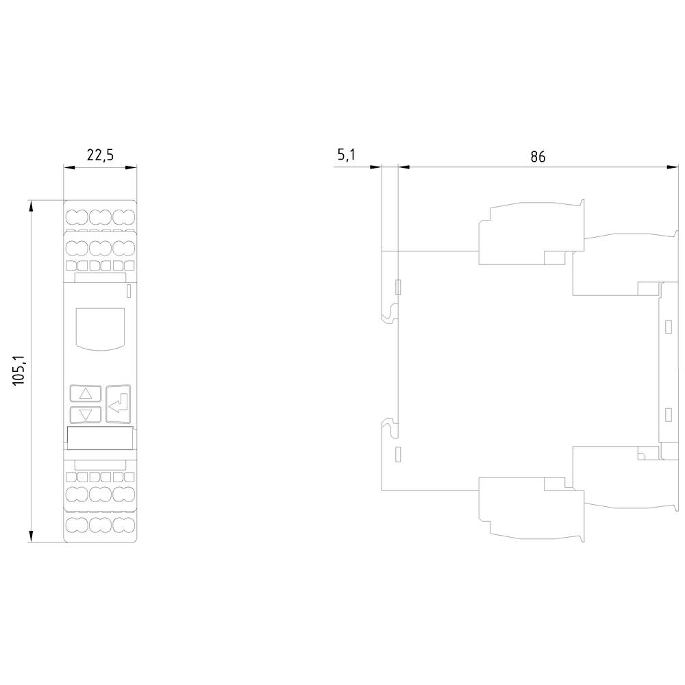 Obraz przedstawia rysunek techniczny prostokątnego urządzenia o wymiarach 105,1 x 22,5 x 86 mm.