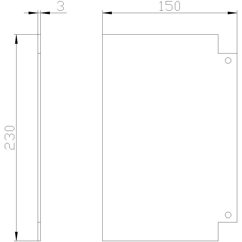 Rysunek techniczny prostokątnej płytki. Wymiary: 230 mm wysokości, 150 mm szerokości, 3 mm grubości, z dwoma wykonanymi otworami.
