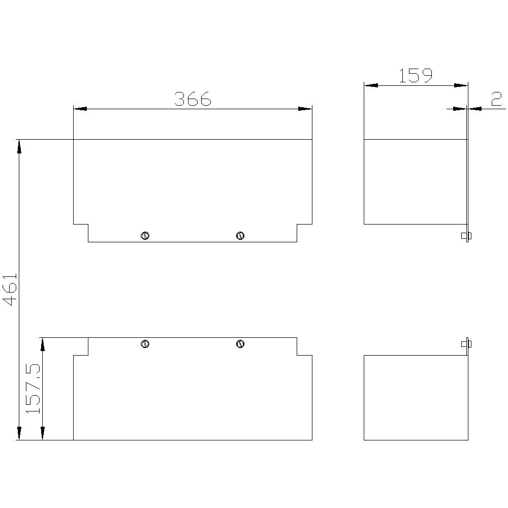 Rysunek techniczny prostokątnego elementu w trzech rzutach z podanymi wymiarami: szerokość 366 mm, wysokość 461 mm, głębokość 159 mm.