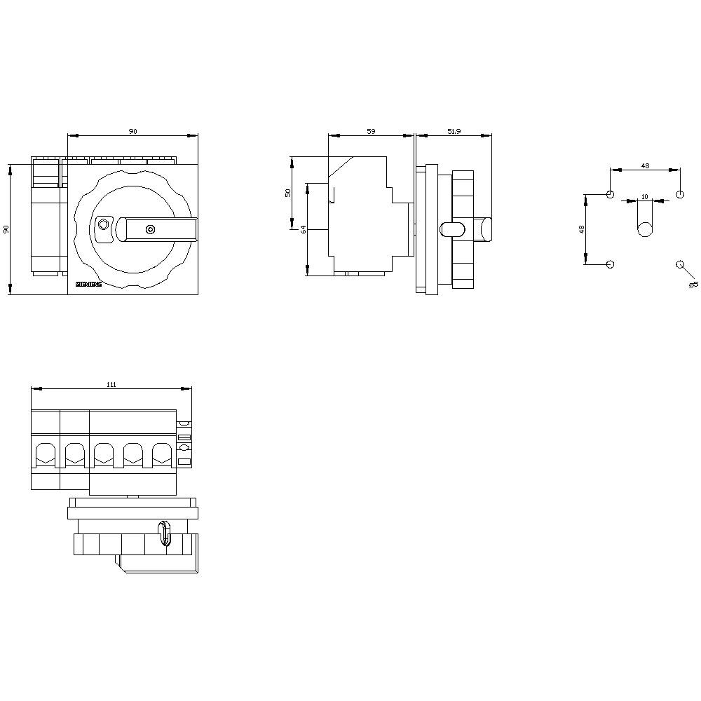 Rysunek techniczny przełącznika z wieloma widokami i wymiarami, w tym widokiem czołowym i bocznym. Zawiera szczegółowe wymiary.