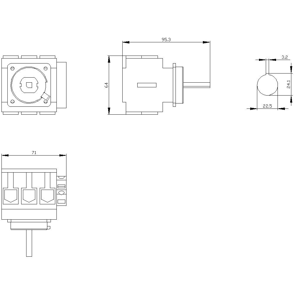 Rysunek techniczny elementu elektrycznego z wymiarami w milimetrach. Widoki z przodu, z boku i z góry przedstawiają szczegółowe gabaryty.