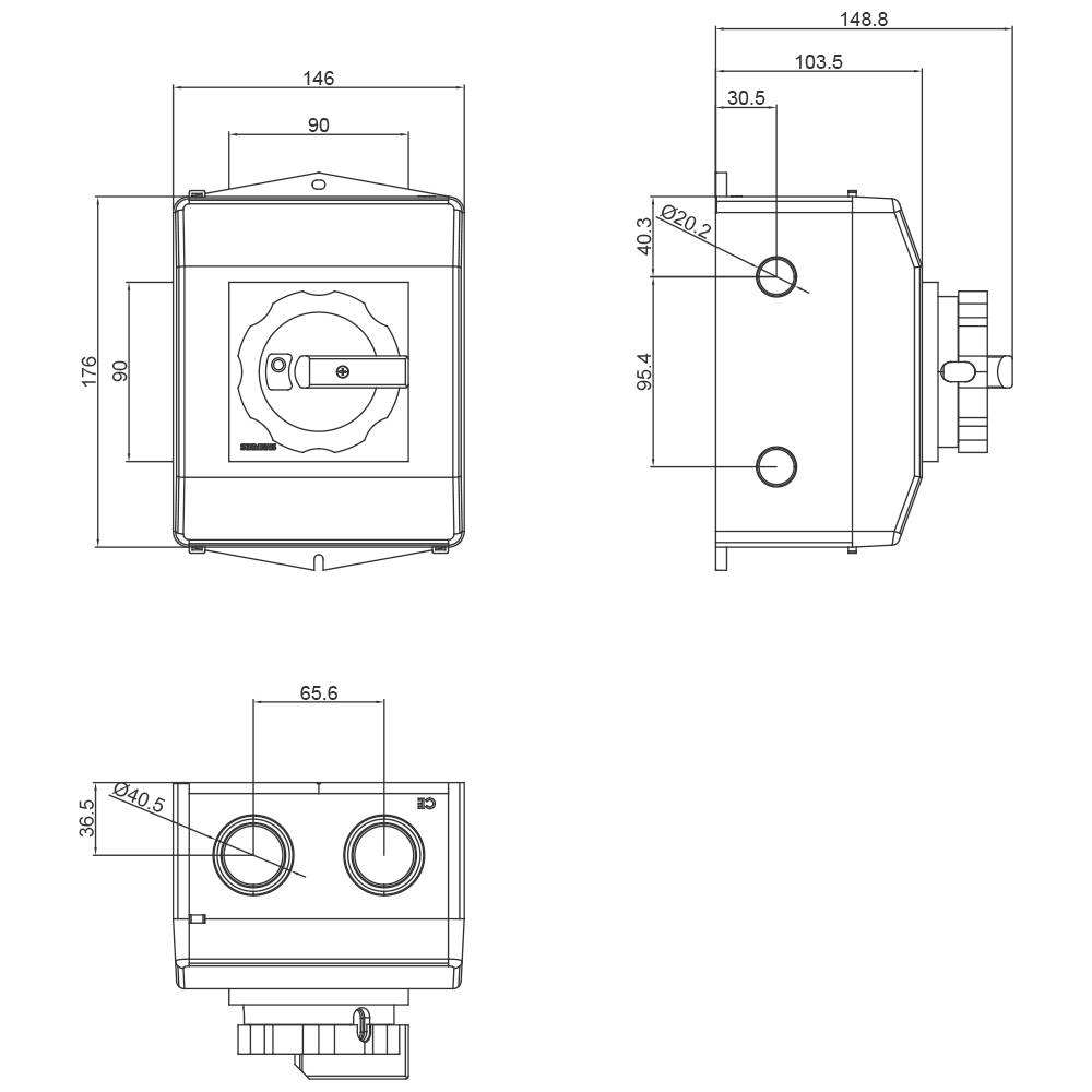 Rysunek techniczny przełącznika elektrycznego z szczegółowymi wymiarami w trzech rzutach.