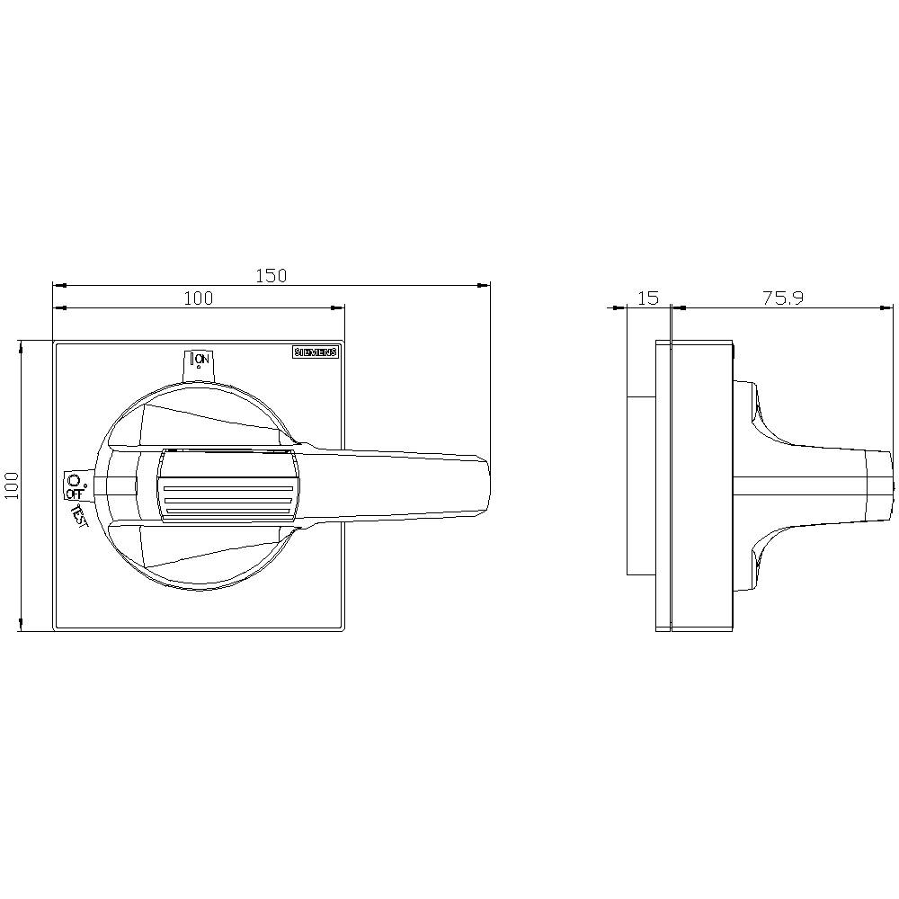 Rysunek jednostki łącznikowej z widokiem bocznym i czołowym. Wymiary: 100x150 mm w widoku czołowym, głębokość 15 mm, dźwignia o długości 75,9 mm.
