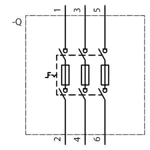 Schemat elektryczny przedstawia przełącznik z sześcioma zaciskami, połączony za pomocą trzech pionowych linii. Diagram ilustruje obwód elektryczny.