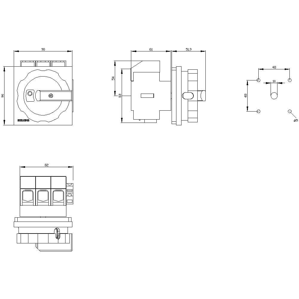 Rysunek techniczny przełącznika z trzema rzutami i precyzyjnymi wymiarami w milimetrach. Przedstawia mechanizm obrotowy oraz punkty montażowe.