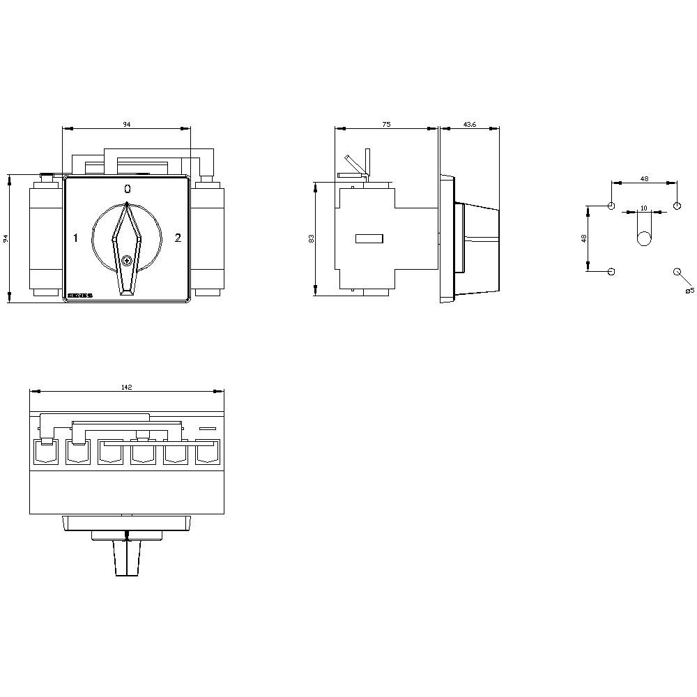Rysunek techniczny przełącznika obrotowego z widokiem czołowym i bocznym. Opisy i wymiary precyzyjnie przedstawiają kształt i położenie elementów.