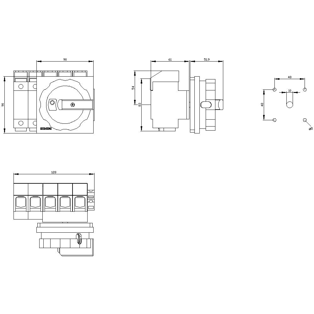 Rysunek techniczny przełącznika o kluczowym znaczeniu dla bezpieczeństwa z wymiarami podanymi w milimetrach, przedstawiający widok z przodu i z boku oraz szczegóły mocowania.