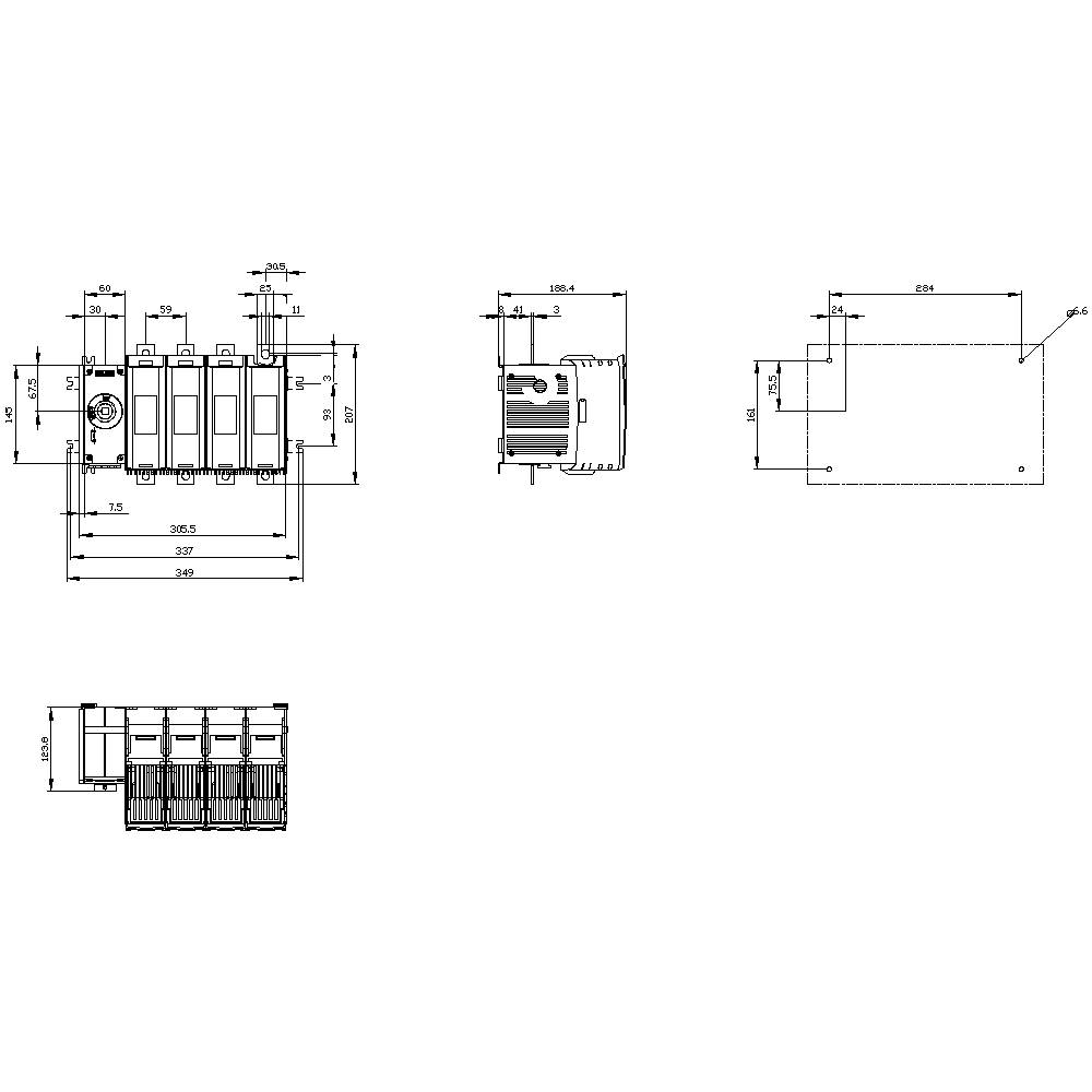 Rysunek techniczny urządzenia elektrycznego z wieloma widokami. Podane są szczegółowe wymiary i specyfikacje techniczne.
