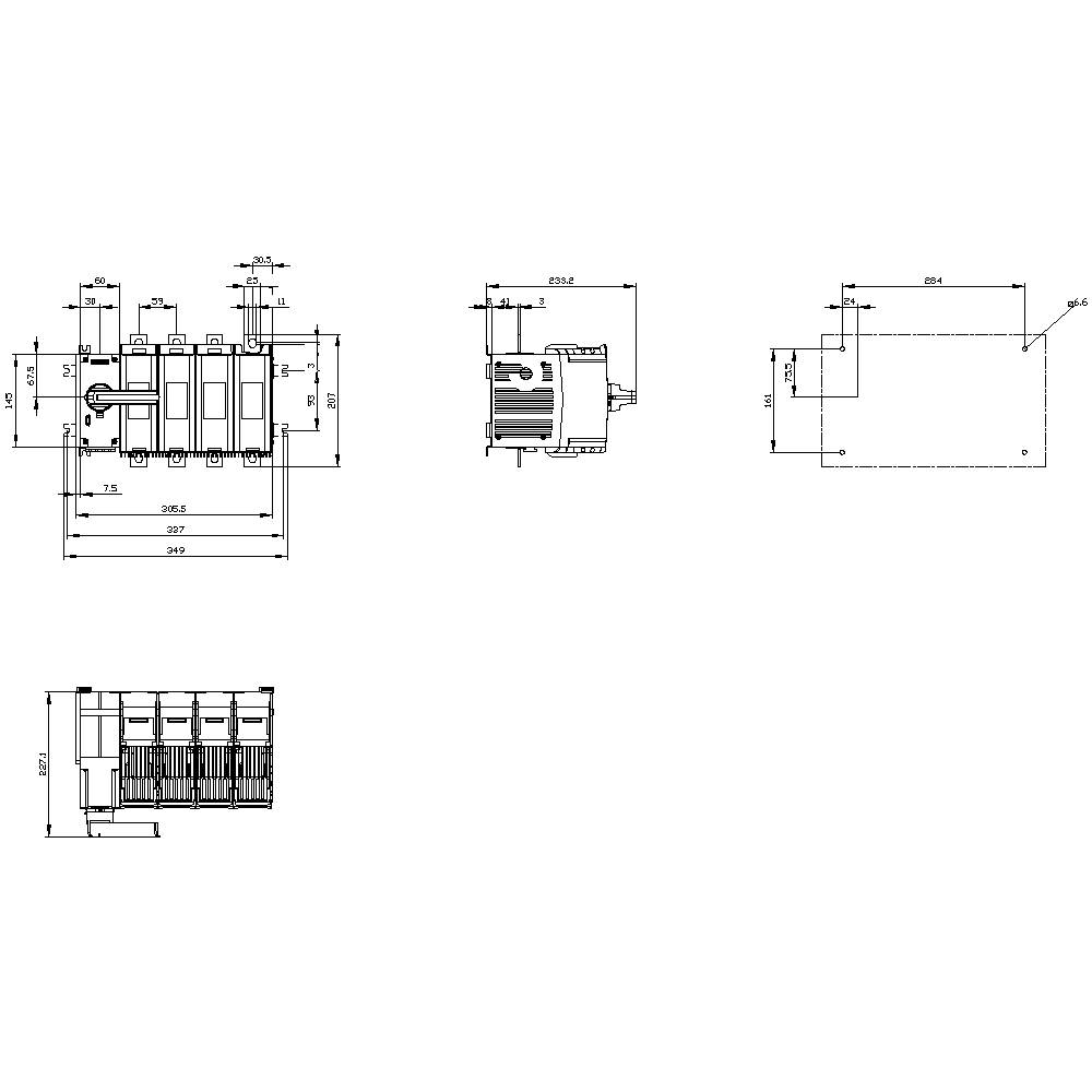 Rysunek techniczny urządzenia elektrycznego z wieloma rzutami. Przedstawia dokładne wymiary oraz rozmieszczenie elementów.