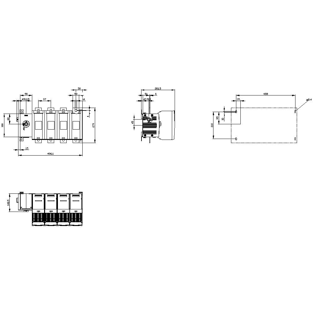 Rysunek techniczny elektrycznej skrzynki rozdzielczej z wieloma widokami i wymiarami. Przedstawia układ i gabaryty obudowy.