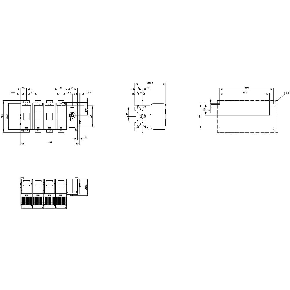 Rysunek techniczny elementu elektrycznego z wieloma widokami, wymiarami w milimetrach i szczegółowymi specyfikacjami.