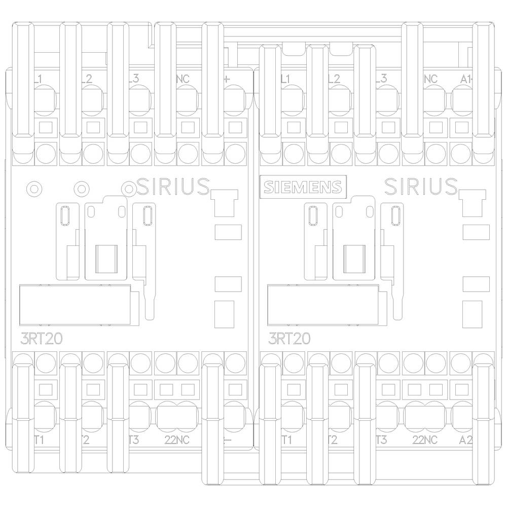 Schemat elektryczny z dwoma identycznymi modułami stykowymi Siemens SIRIUS, oznaczonymi jako '3RT20'. Zaciski są ponumerowane.