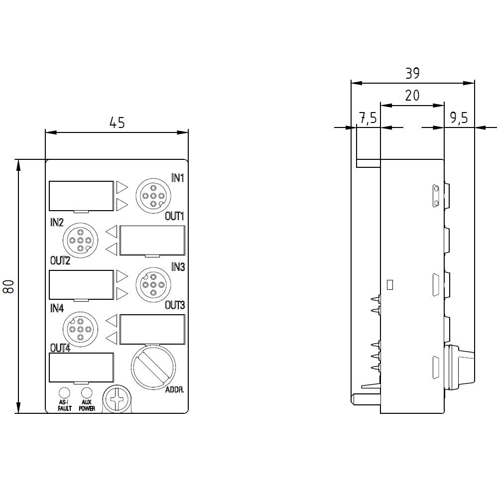 Rysunek techniczny modułu elektrycznego z przyłączami i wymiarami: 80x45 mm, przedstawiający widok z boku i z przodu.
