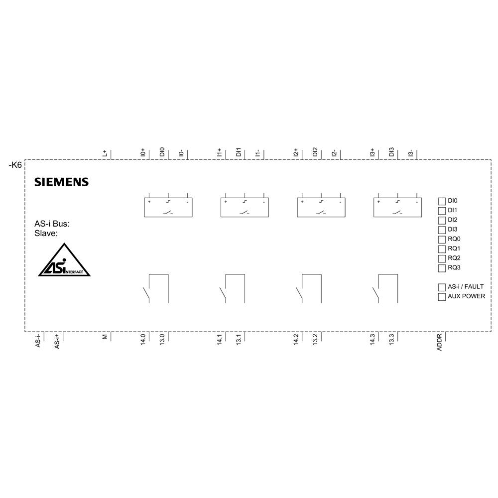 Diagram modułu magistrali AS-i firmy Siemens przedstawia pozycje przełączników oraz diody LED statusu dla funkcji wejścia/wyjścia i zasilania.